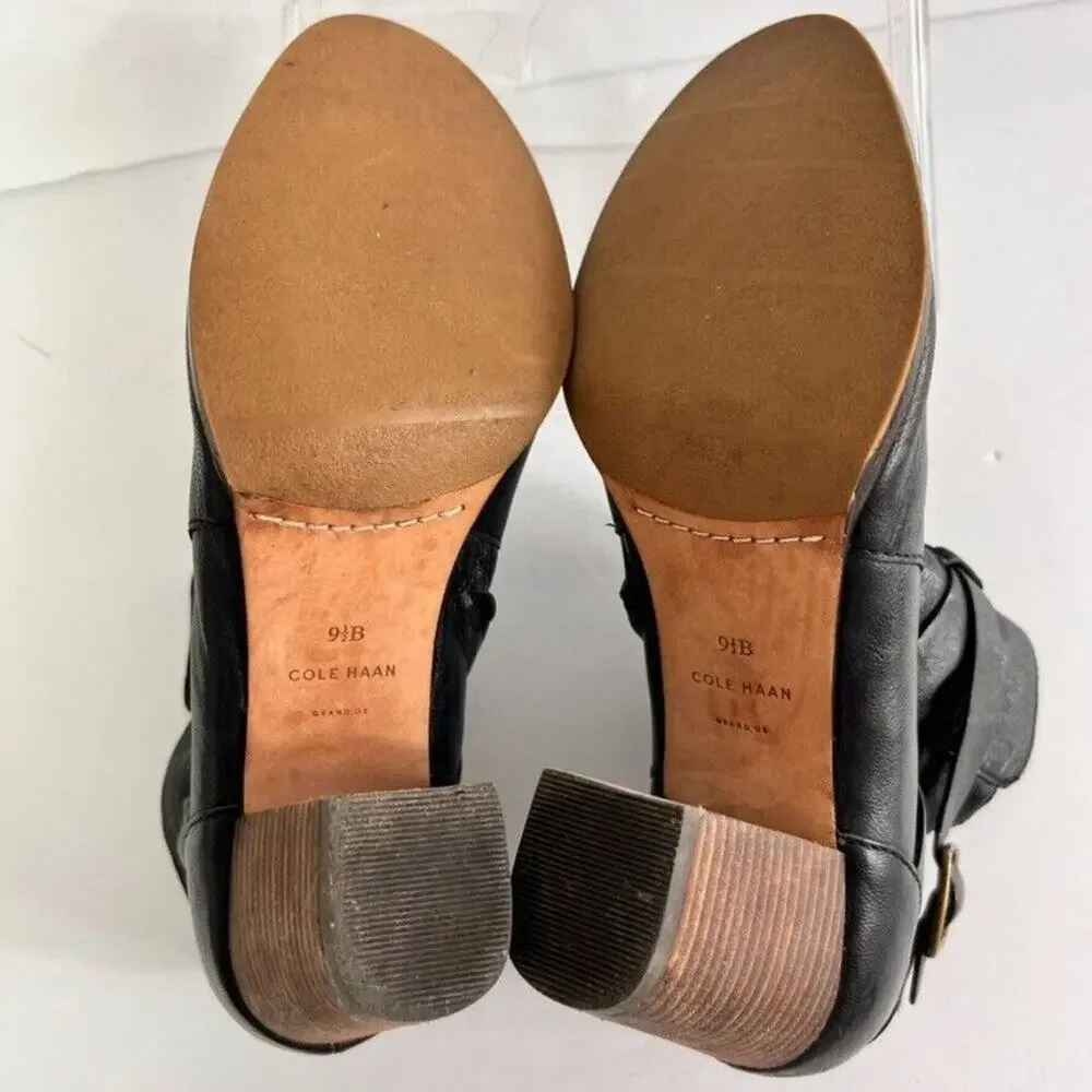 Cole Haan Bootie Women 9.5 B Black Leather Cassidy Side Zip Straps Ankle D41598